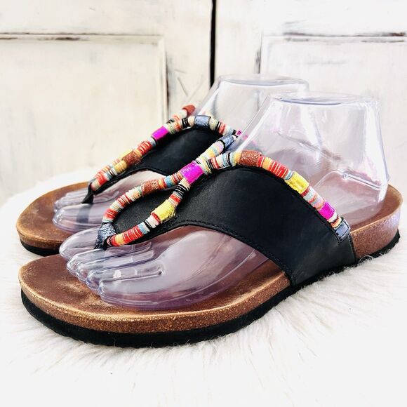 Think! Colorful Band Black Leather Slip on Thong Sandals - EU39 US8 - Beach Wear - Picture 1 of 7